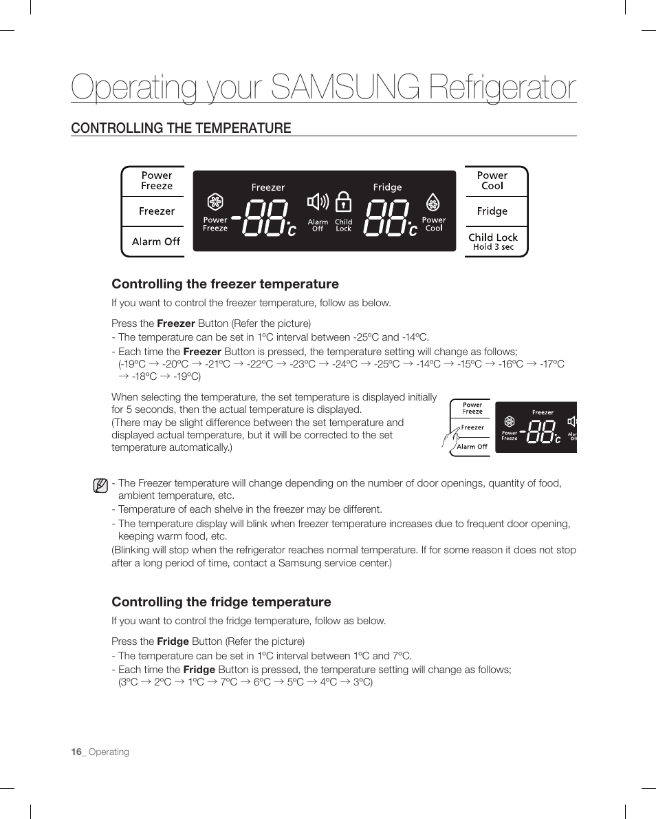 Controlling the temperature, Operating your samsung refrigerator | Samsung RB214AB User Manual | Page 16 / 28