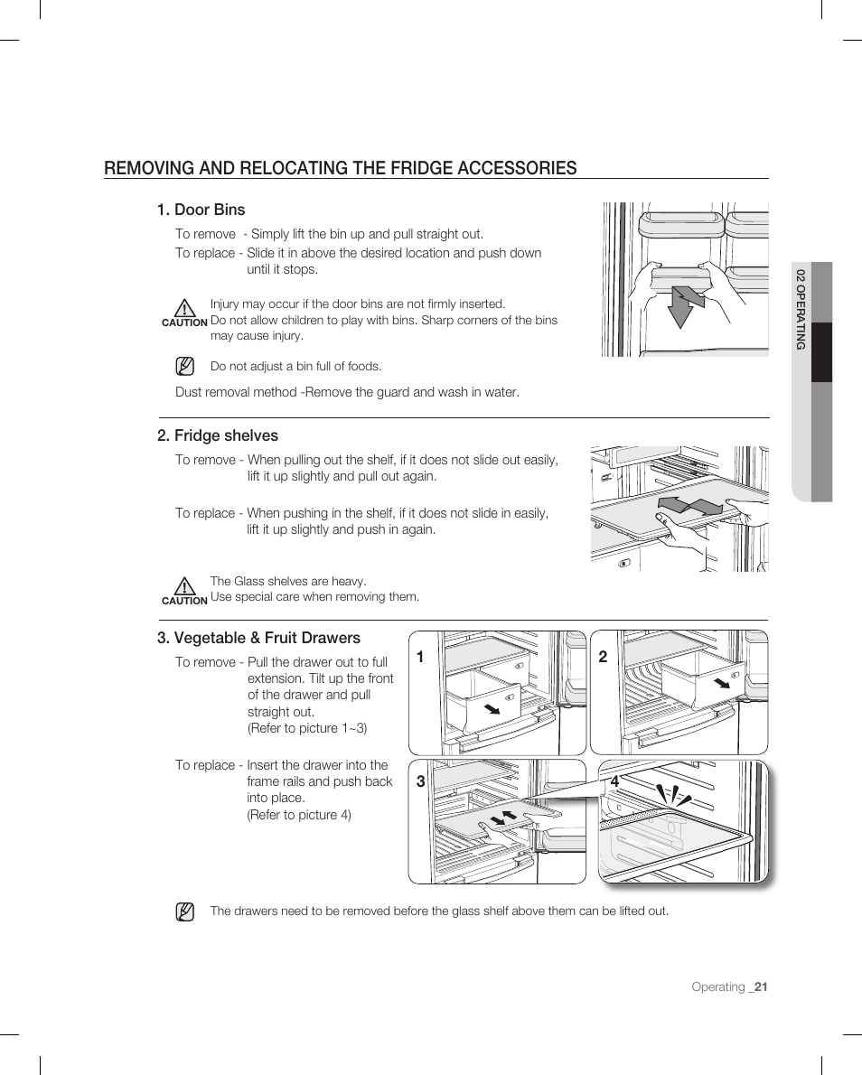 Removing and relocating the fridge acessories, Removing and relocating the fridge accessories | Samsung RB214AB User Manual | Page 21 / 28