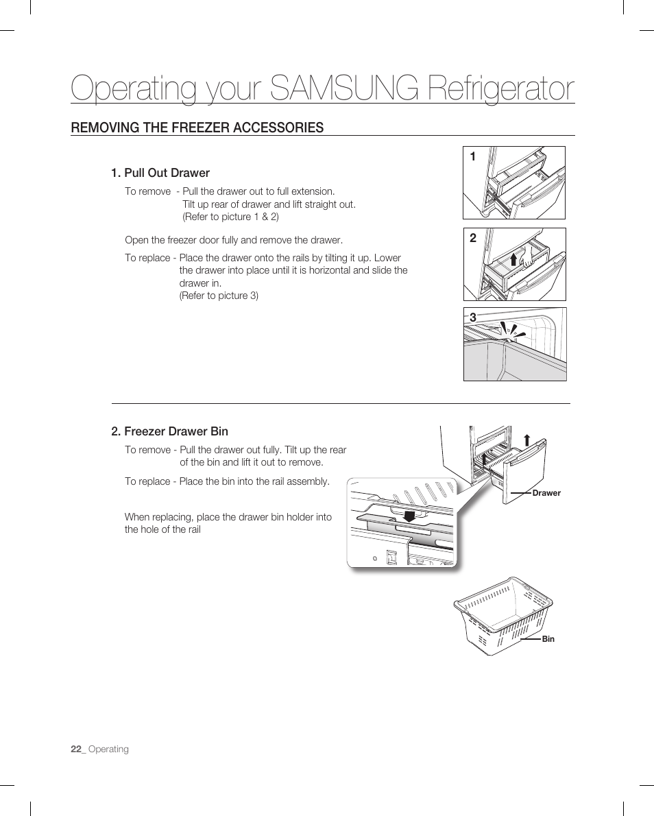 Removing the freezer accessories, Operating your samsung refrigerator | Samsung RB214AB User Manual | Page 22 / 28