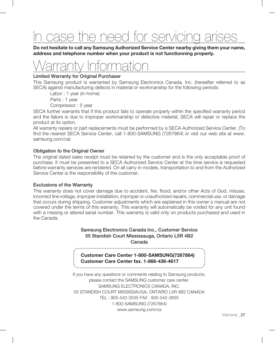 In case the need for servicing arises, Warranty information | Samsung RB214AB User Manual | Page 27 / 28