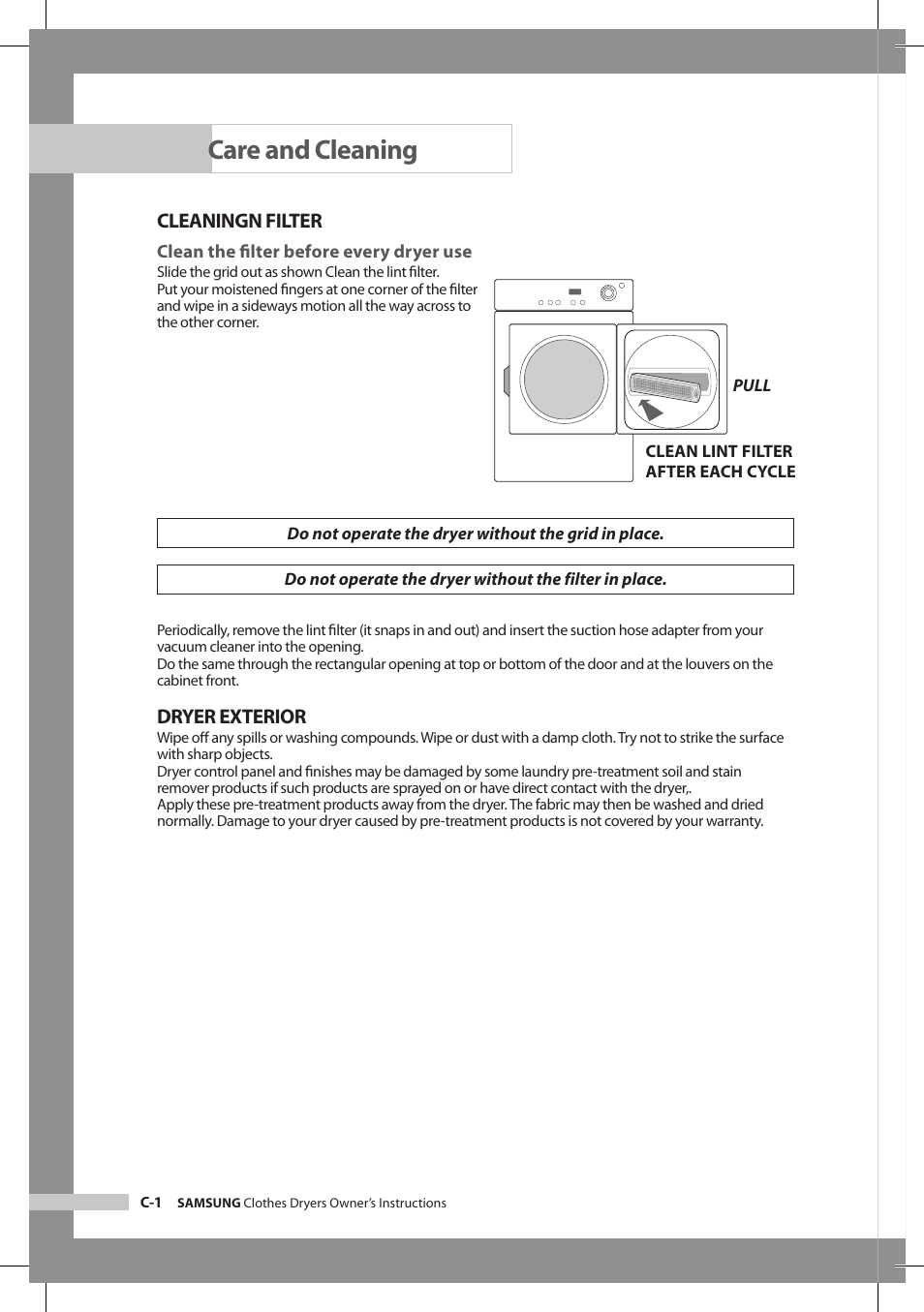 Care and cleaning, Cleaningn filter, Dryer exterior | Samsung DV665JS User Manual | Page 14 / 18