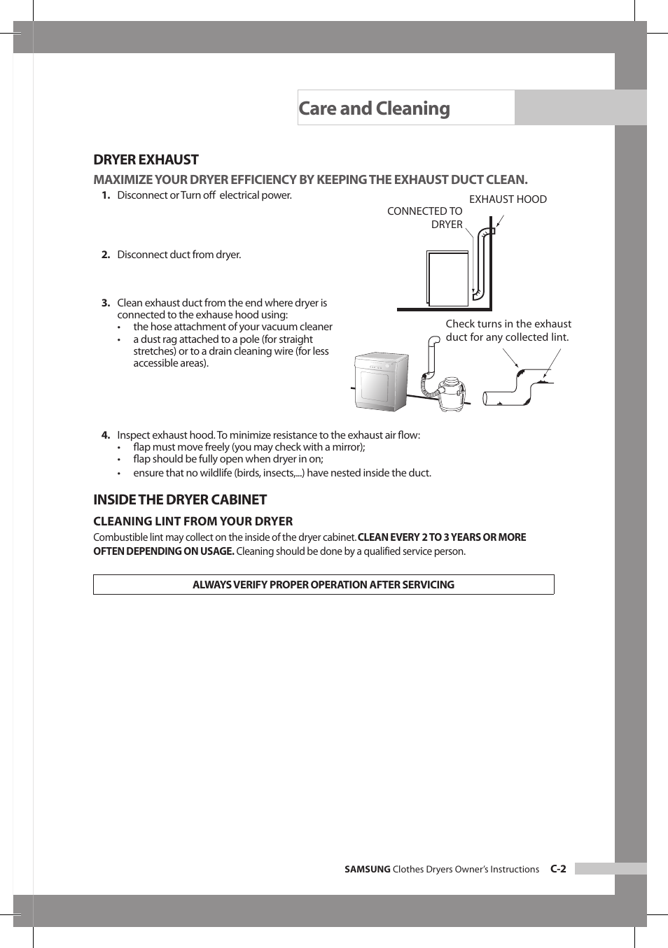 Care and cleaning, Dryer exhaust, Inside the dryer cabinet | Samsung DV665JS User Manual | Page 15 / 18