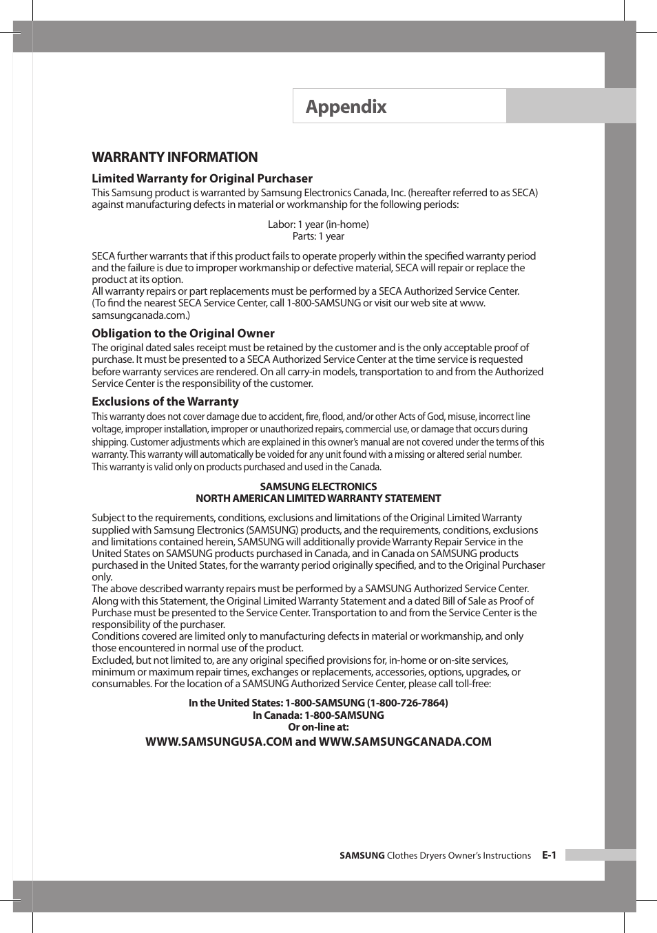 Appendix, Warranty information | Samsung DV665JS User Manual | Page 17 / 18