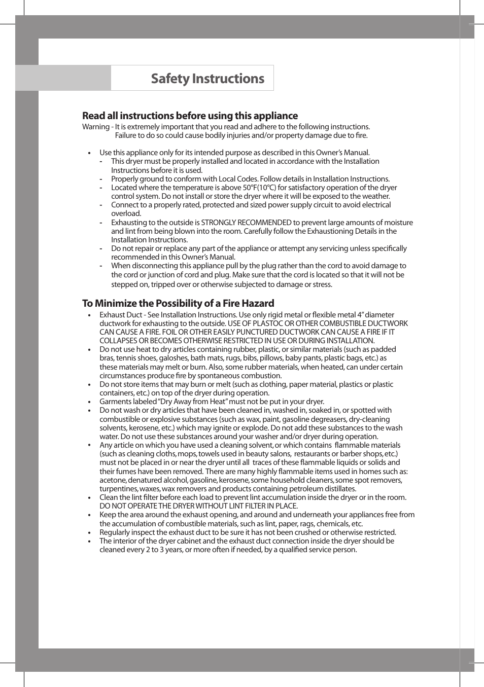 Safety instructions, Read all instructions before using this appliance | Samsung DV665JS User Manual | Page 4 / 18