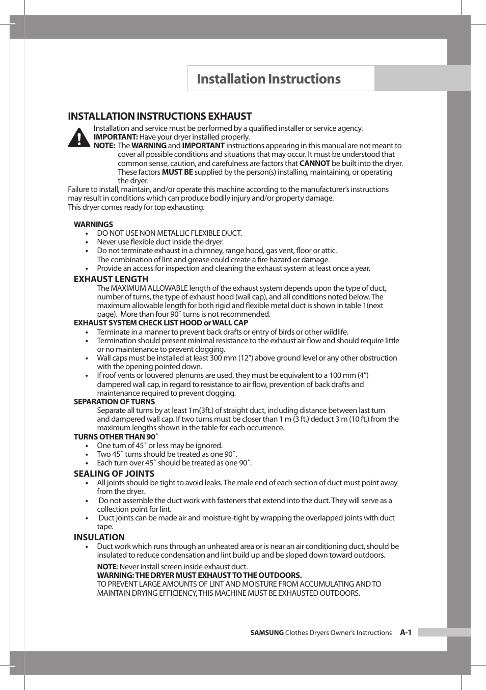 Installation instructions, Installation instructions exhaust | Samsung DV665JS User Manual | Page 7 / 18