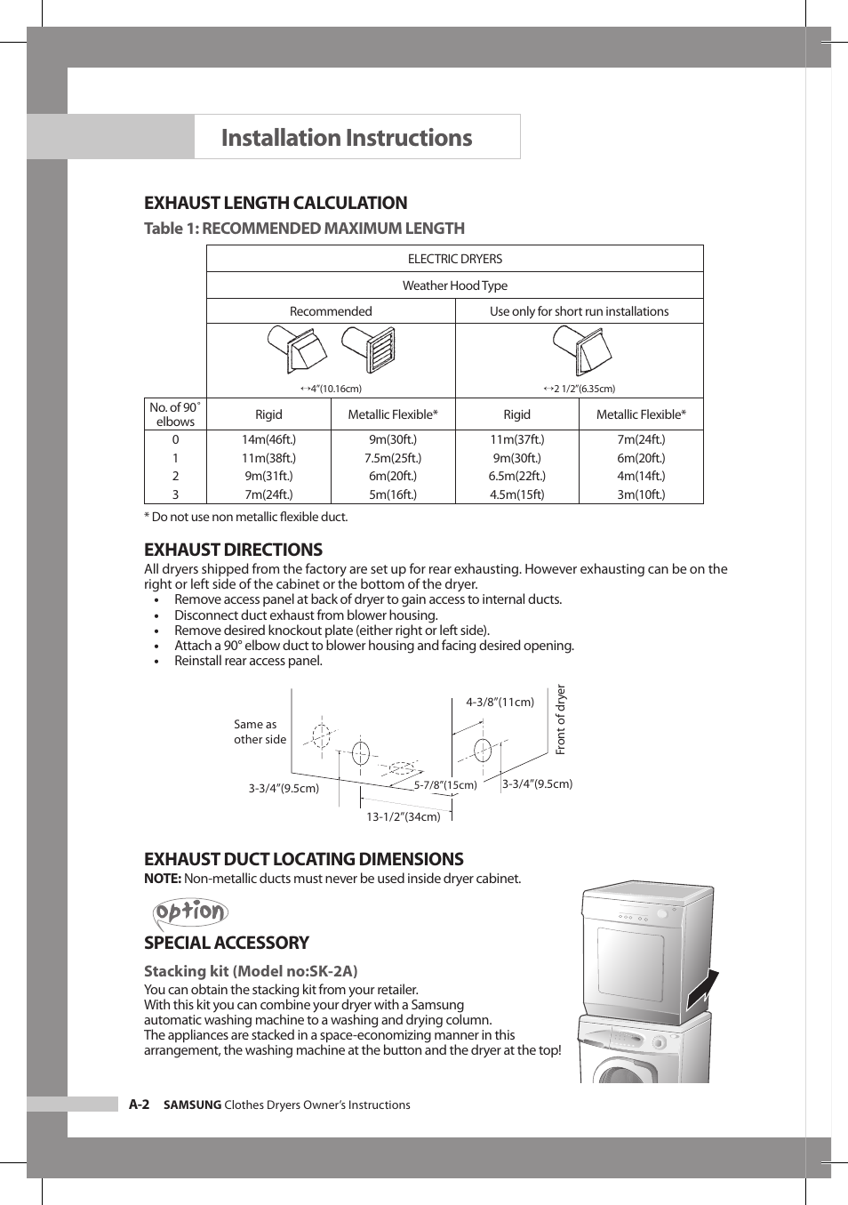 Installation instructions, Exhaust length calculation, Exhaust directions | Exhaust duct locating dimensions, Special accessory, Table 1: recommended maximum length | Samsung DV665JS User Manual | Page 8 / 18