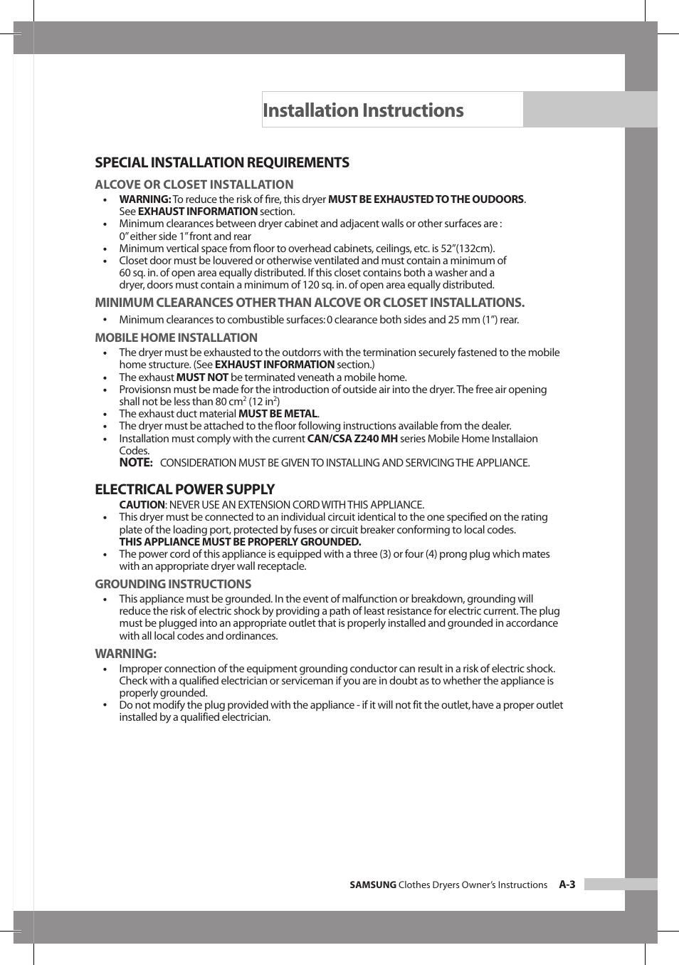 Installation instructions, Special installation requirements, Electrical power supply | Samsung DV665JS User Manual | Page 9 / 18