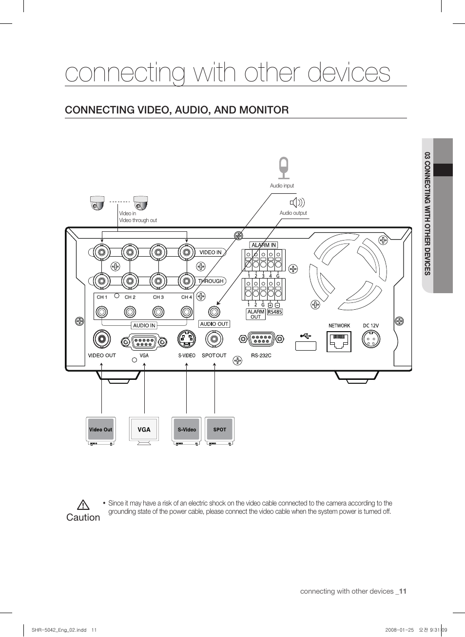 Connecting with other devices, Connecting video, audio, and monitor, Caution | Samsung SHR-5040 User Manual | Page 15 / 92