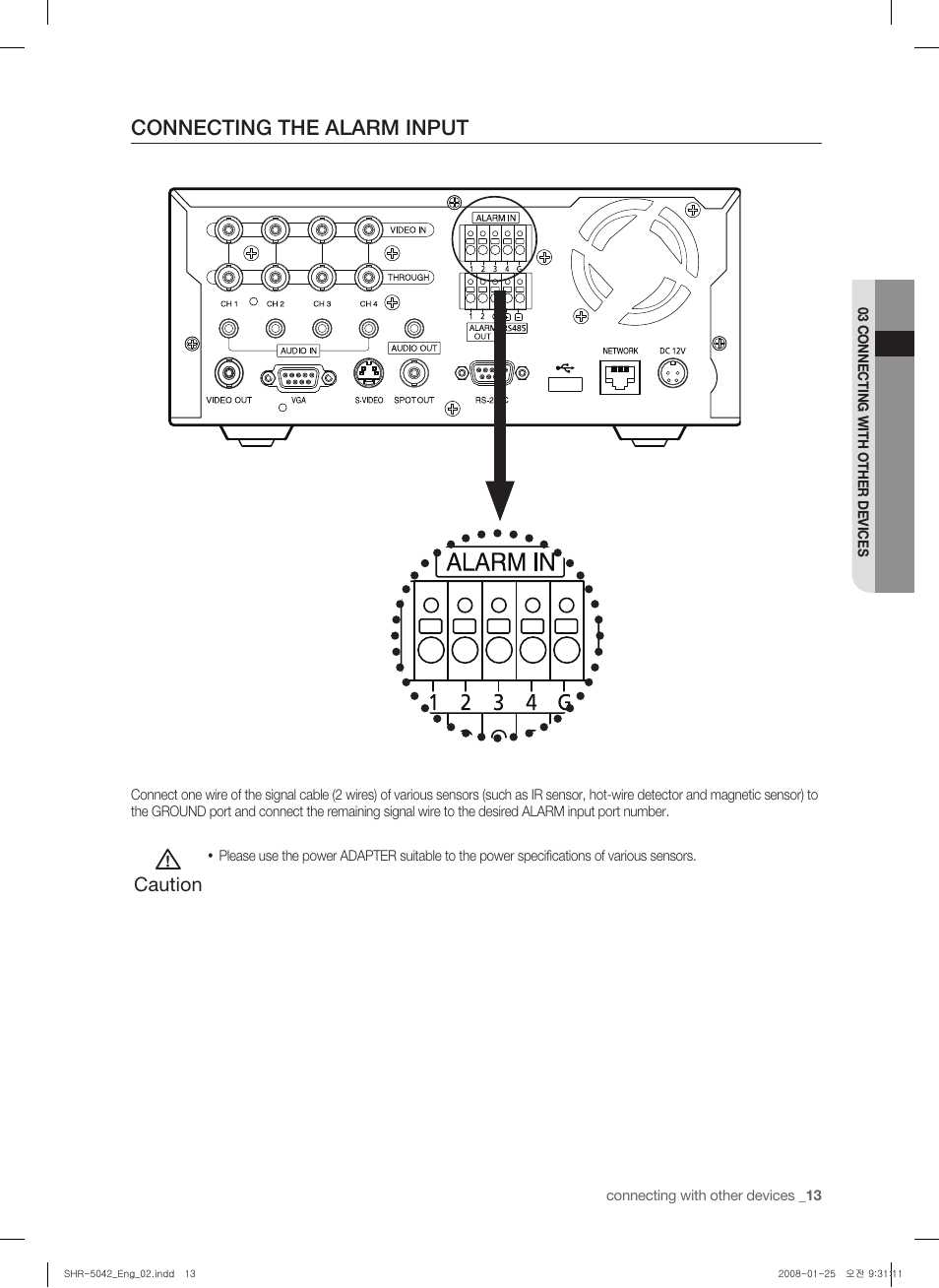 Connecting the alarm input, Caution | Samsung SHR-5040 User Manual | Page 17 / 92