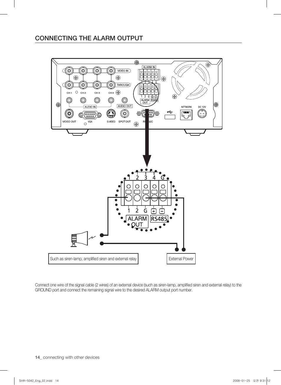 Connecting the alarm output | Samsung SHR-5040 User Manual | Page 18 / 92