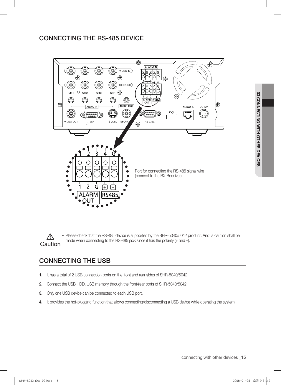 Connecting the rs-485 device, Connecting the usb, Caution | Samsung SHR-5040 User Manual | Page 19 / 92