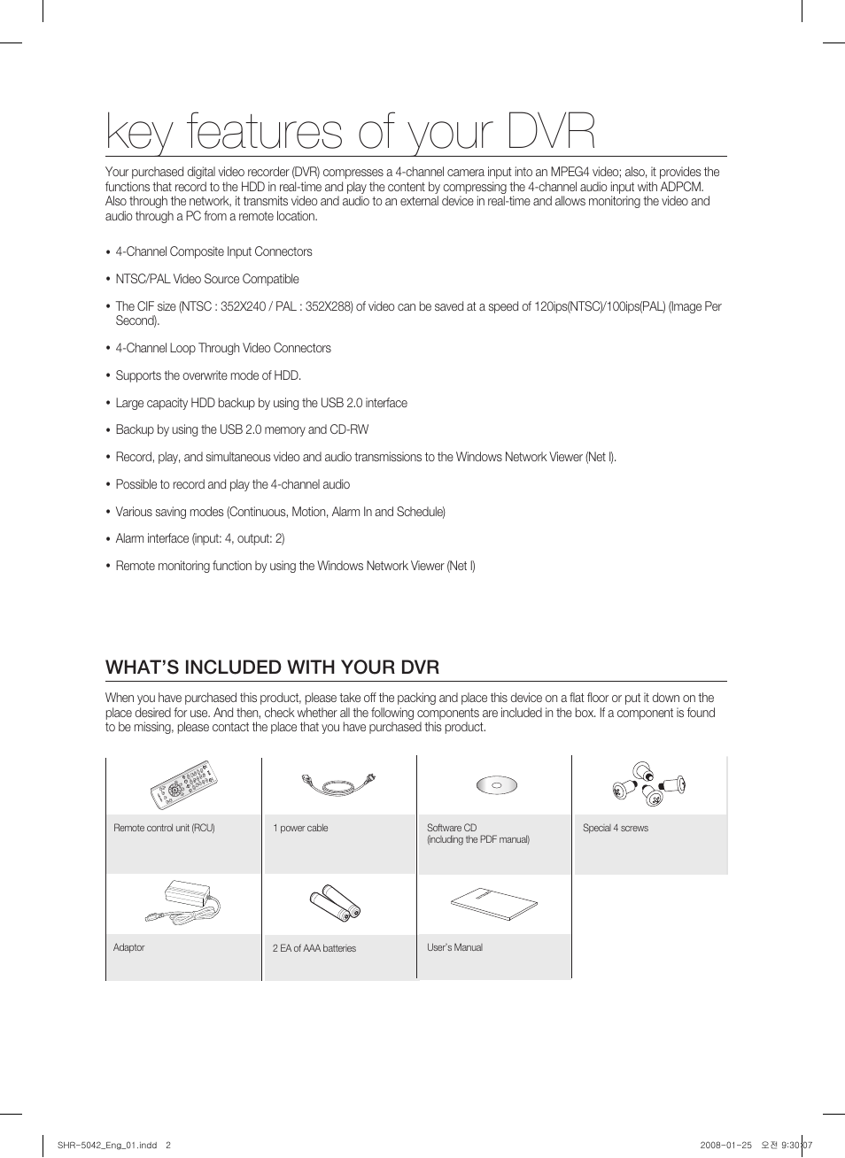 Key features of your dvr, What’s included with your dvr | Samsung SHR-5040 User Manual | Page 2 / 92
