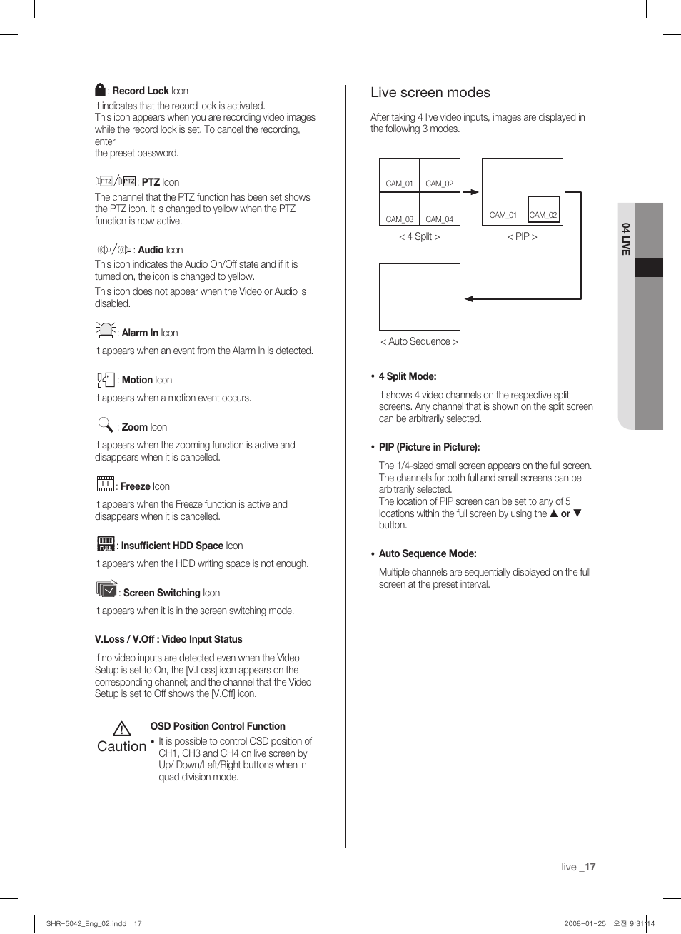 Caution, Live screen modes | Samsung SHR-5040 User Manual | Page 21 / 92