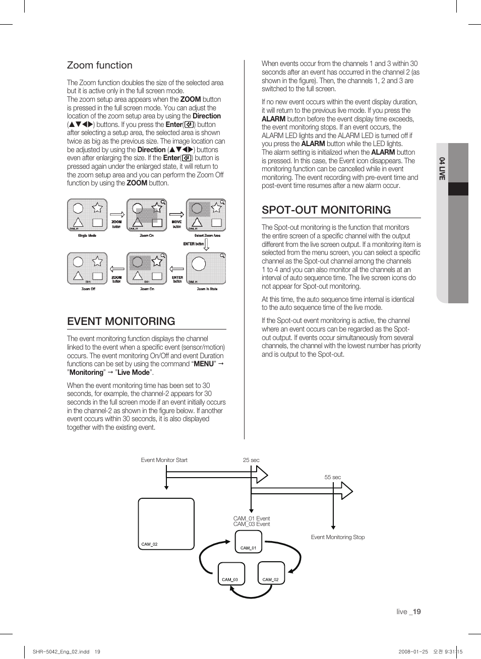 Event monitoring, Spot-out monitoring, Zoom function | Samsung SHR-5040 User Manual | Page 23 / 92