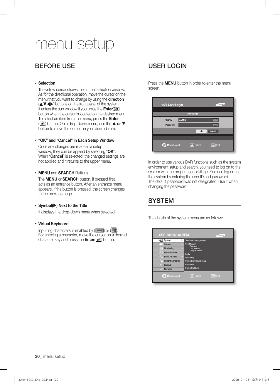 Menu setup, Before use, User login | System | Samsung SHR-5040 User Manual | Page 24 / 92
