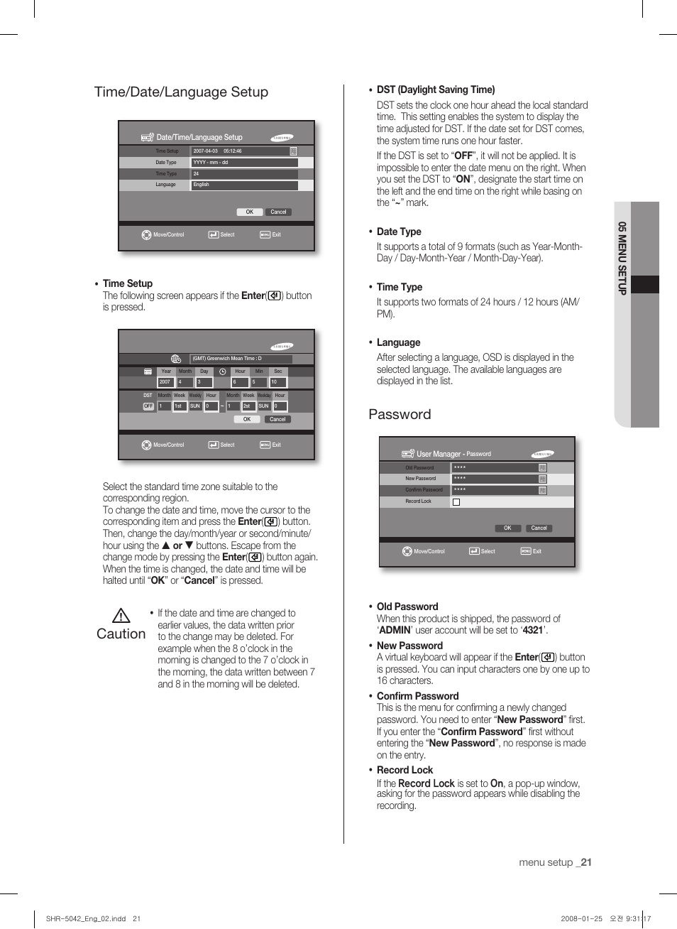 Time/date/language setup, Caution, Password | Samsung SHR-5040 User Manual | Page 25 / 92