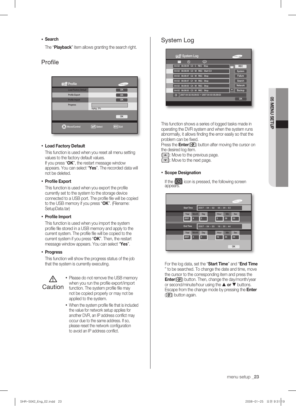 Profile, Caution, System log | Samsung SHR-5040 User Manual | Page 27 / 92