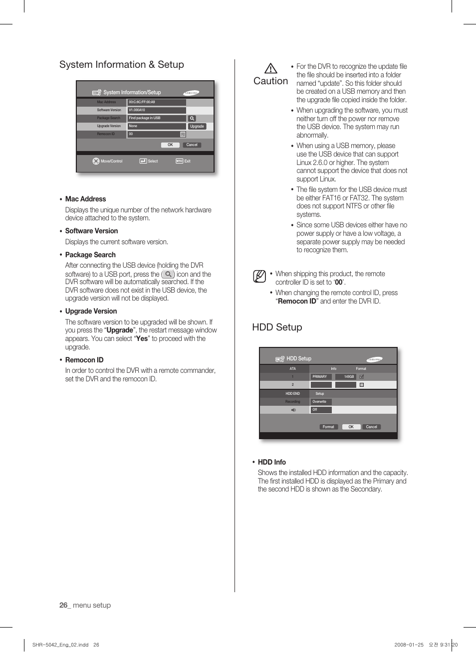System information & setup, Caution, Hdd setup | Samsung SHR-5040 User Manual | Page 30 / 92