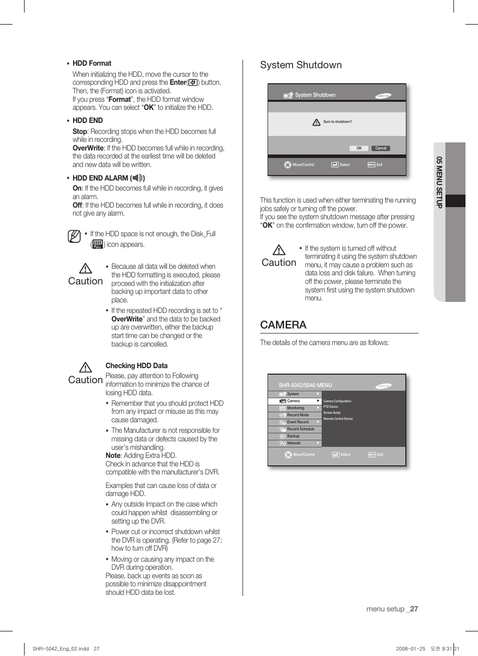 Camera, Caution, System shutdown | Samsung SHR-5040 User Manual | Page 31 / 92