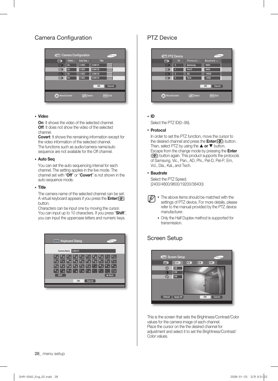 Camera configuration, Ptz device, Screen setup | Samsung SHR-5040 User Manual | Page 32 / 92