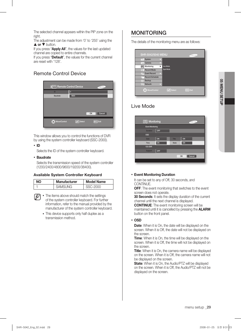 Monitoring, Remote control device, Live mode | Samsung SHR-5040 User Manual | Page 33 / 92