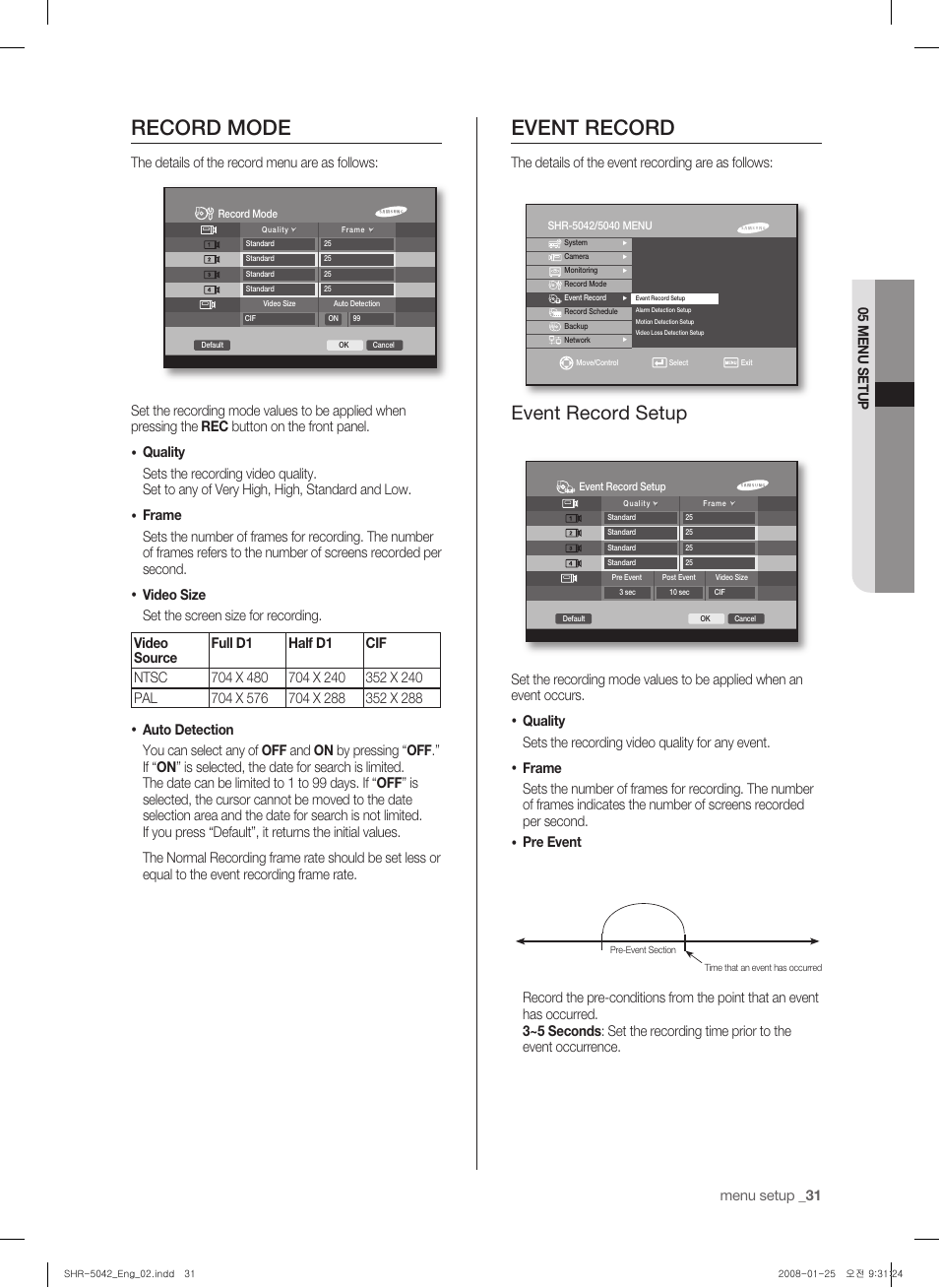 Record mode, Event record, Event record setup | Samsung SHR-5040 User Manual | Page 35 / 92