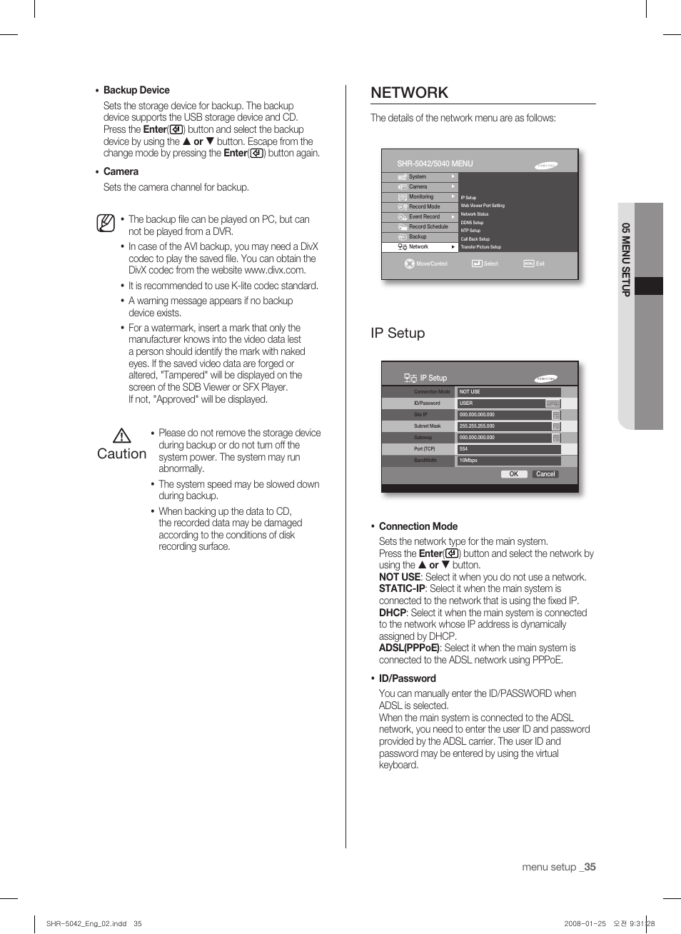 Network, Caution, Ip setup | Samsung SHR-5040 User Manual | Page 39 / 92