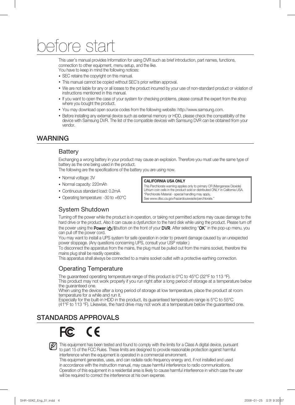 Before start, Warning, Standards approvals | Battery, System shutdown, Operating temperature | Samsung SHR-5040 User Manual | Page 4 / 92