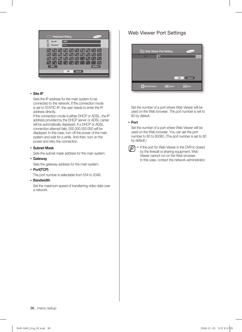 Web viewer port settings | Samsung SHR-5040 User Manual | Page 40 / 92