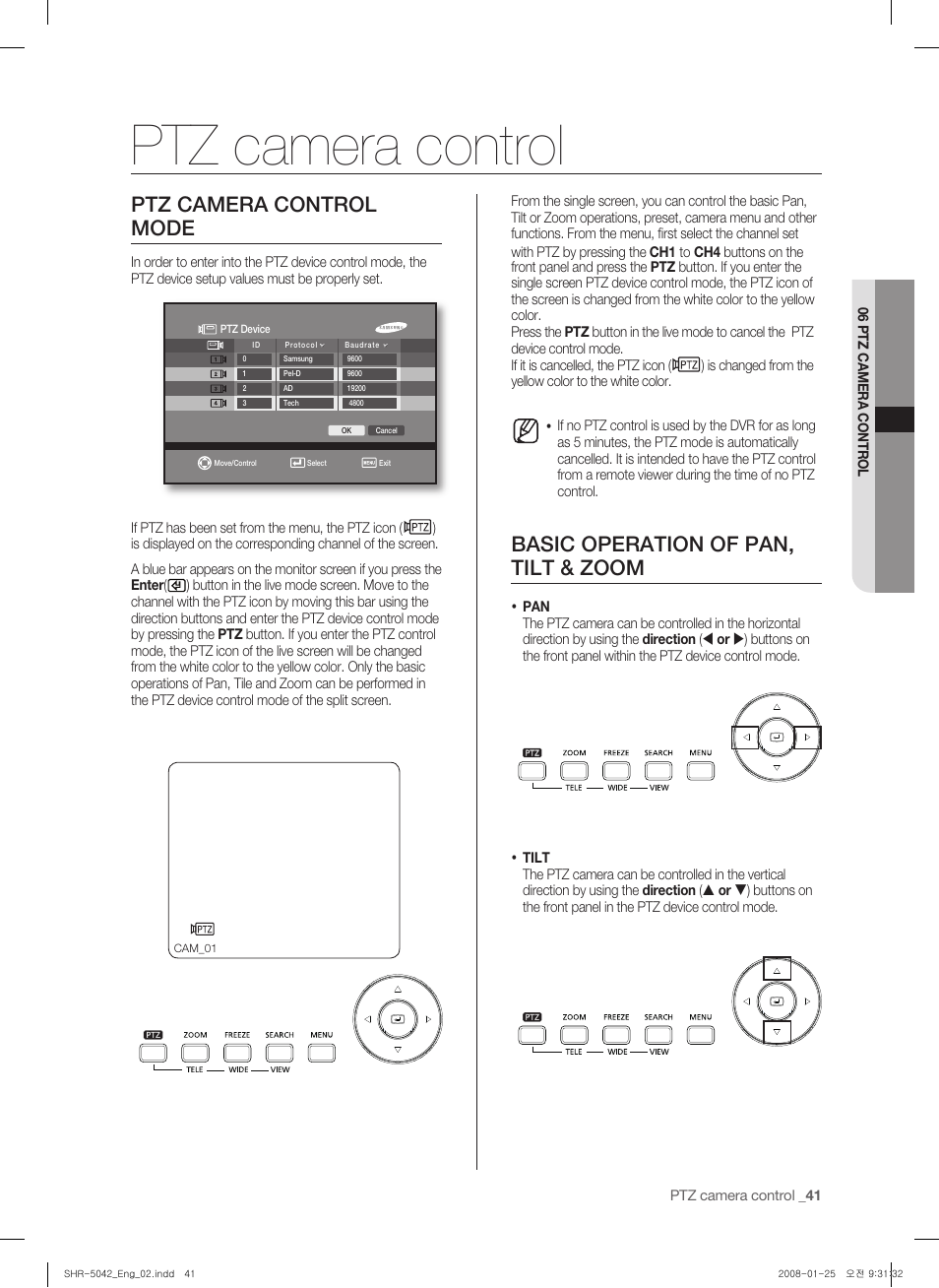 Ptz camera control, Ptz camera control mode, Basic operation of pan, tilt & zoom | Samsung SHR-5040 User Manual | Page 45 / 92