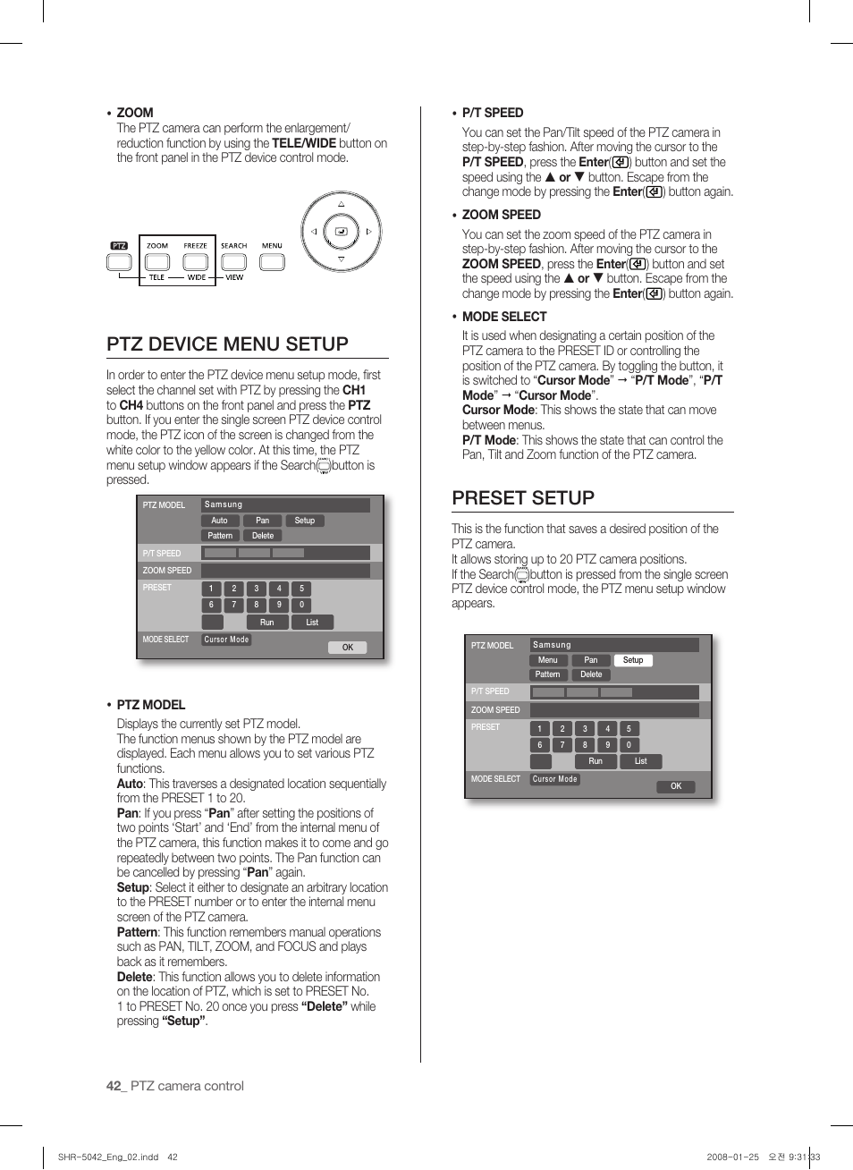 Ptz device menu setup, Preset setup | Samsung SHR-5040 User Manual | Page 46 / 92