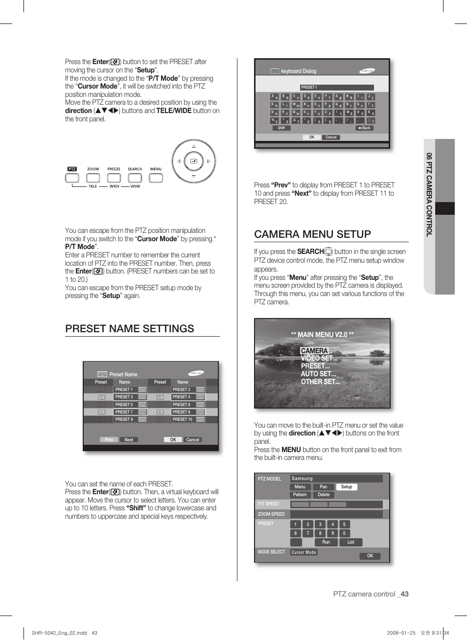 Preset name settings, Camera menu setup | Samsung SHR-5040 User Manual | Page 47 / 92