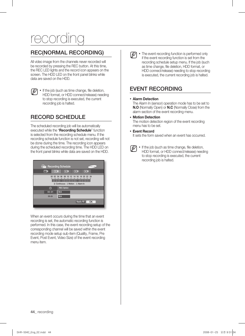 Recording, Rec(normal recording), Record schedule | Event recording | Samsung SHR-5040 User Manual | Page 48 / 92