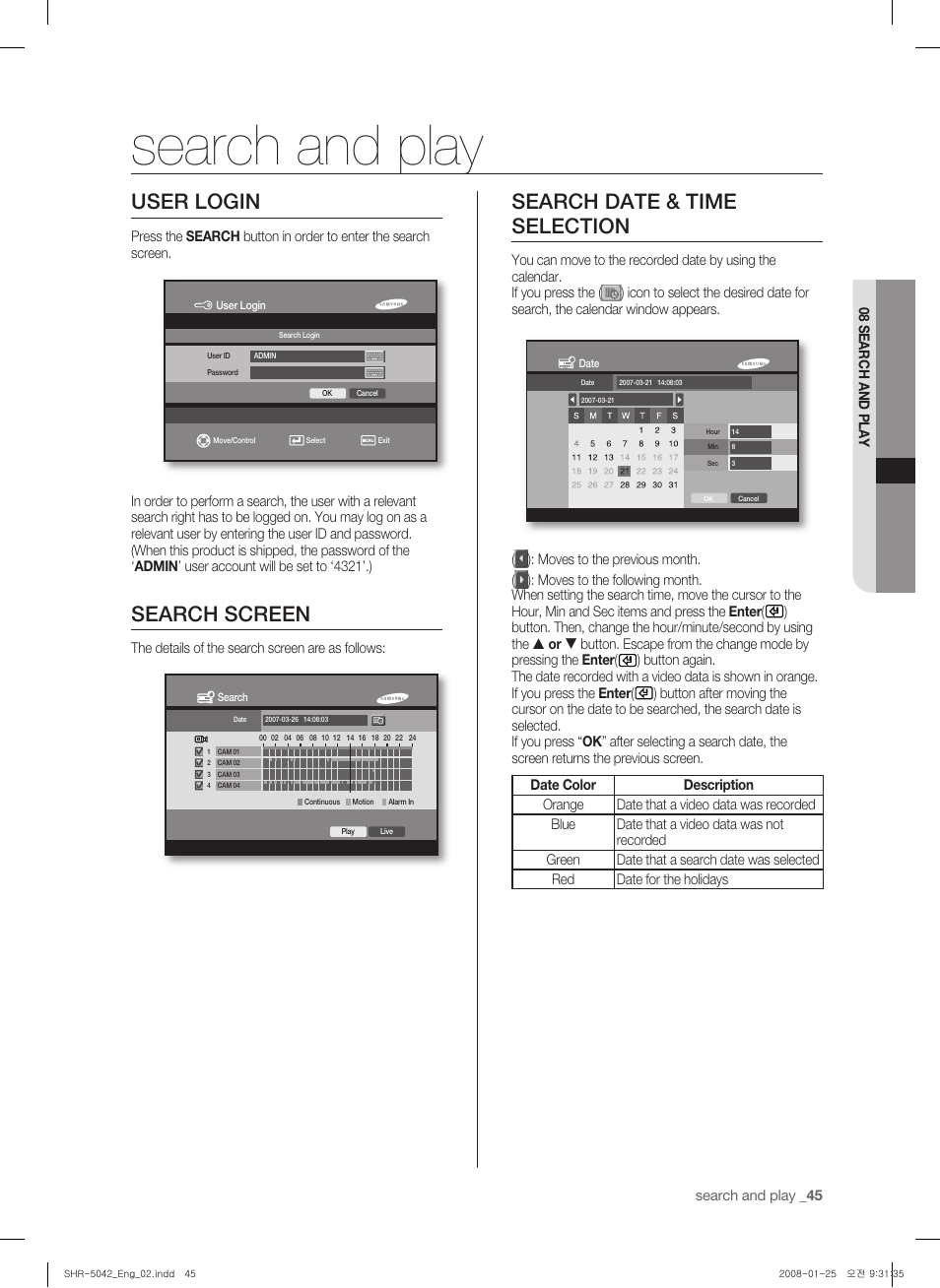 Search and play, User login, Search screen | Search date & time selection | Samsung SHR-5040 User Manual | Page 49 / 92