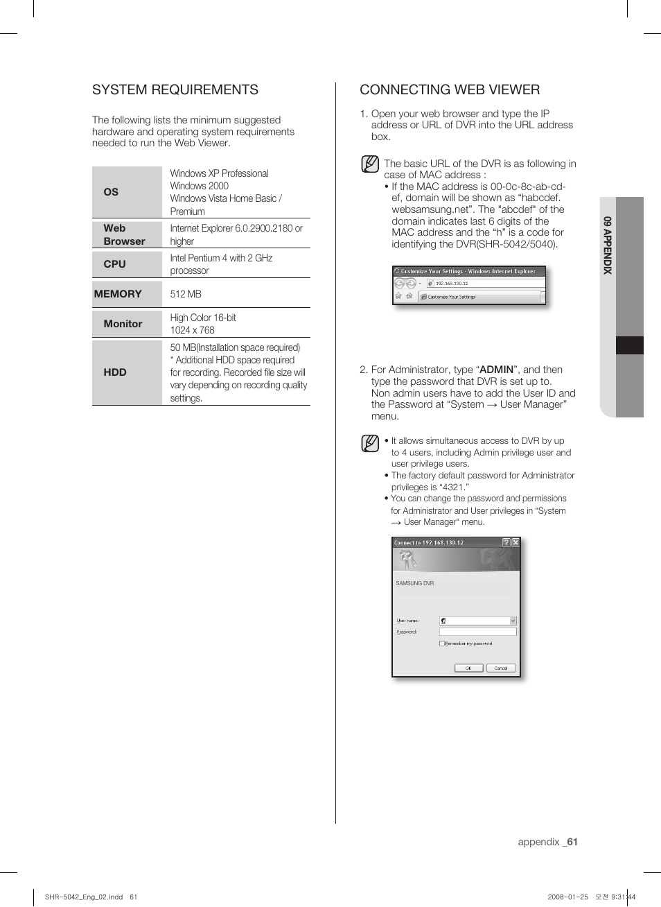 System requirements, Connecting web viewer | Samsung SHR-5040 User Manual | Page 65 / 92