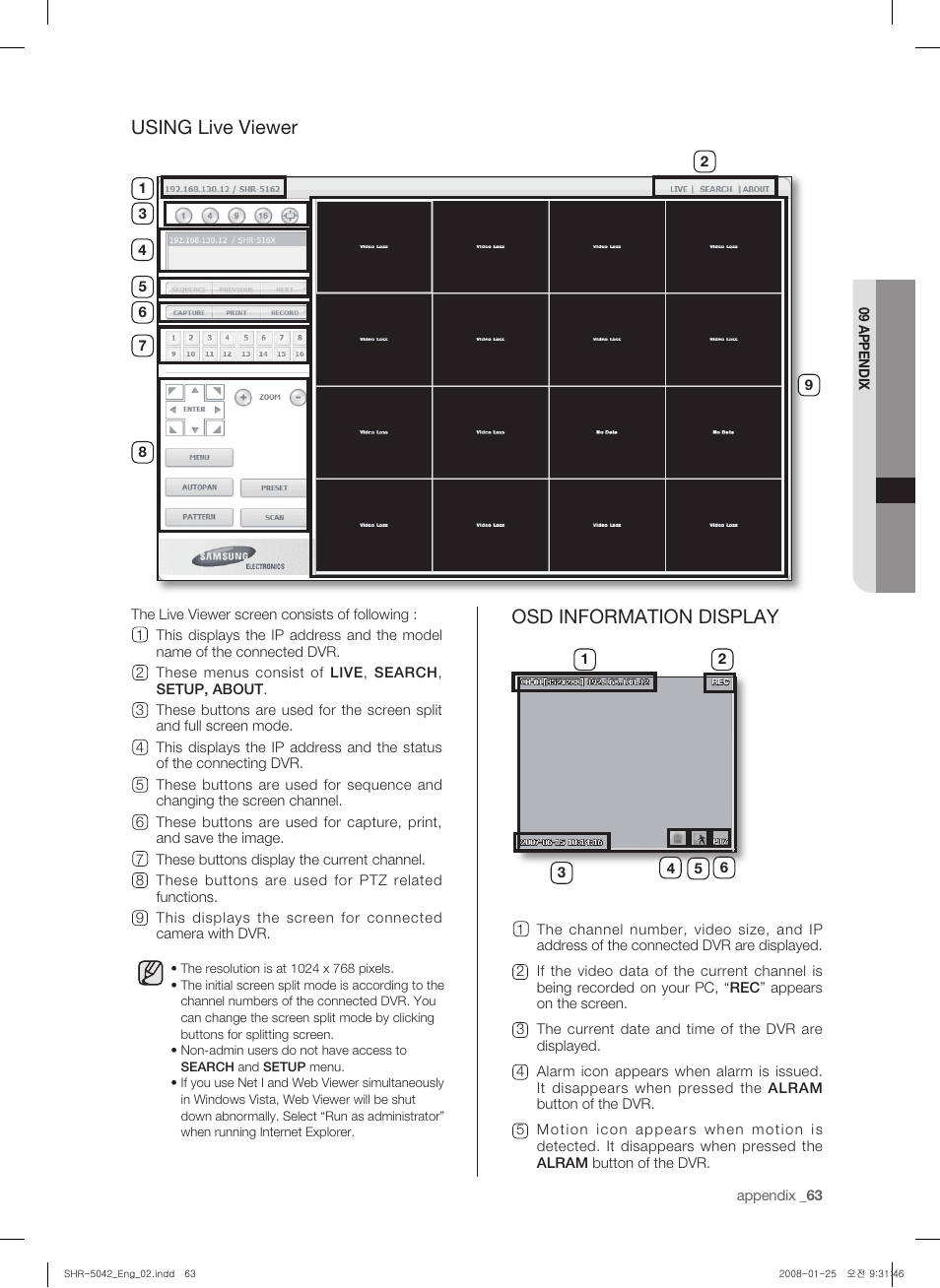 Using live viewer, Osd information display | Samsung SHR-5040 User Manual | Page 67 / 92