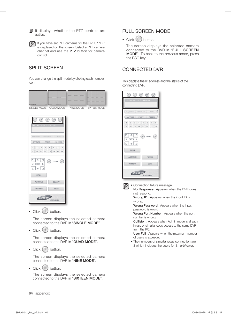 Split-screen, Full screen mode, Connected dvr | Samsung SHR-5040 User Manual | Page 68 / 92