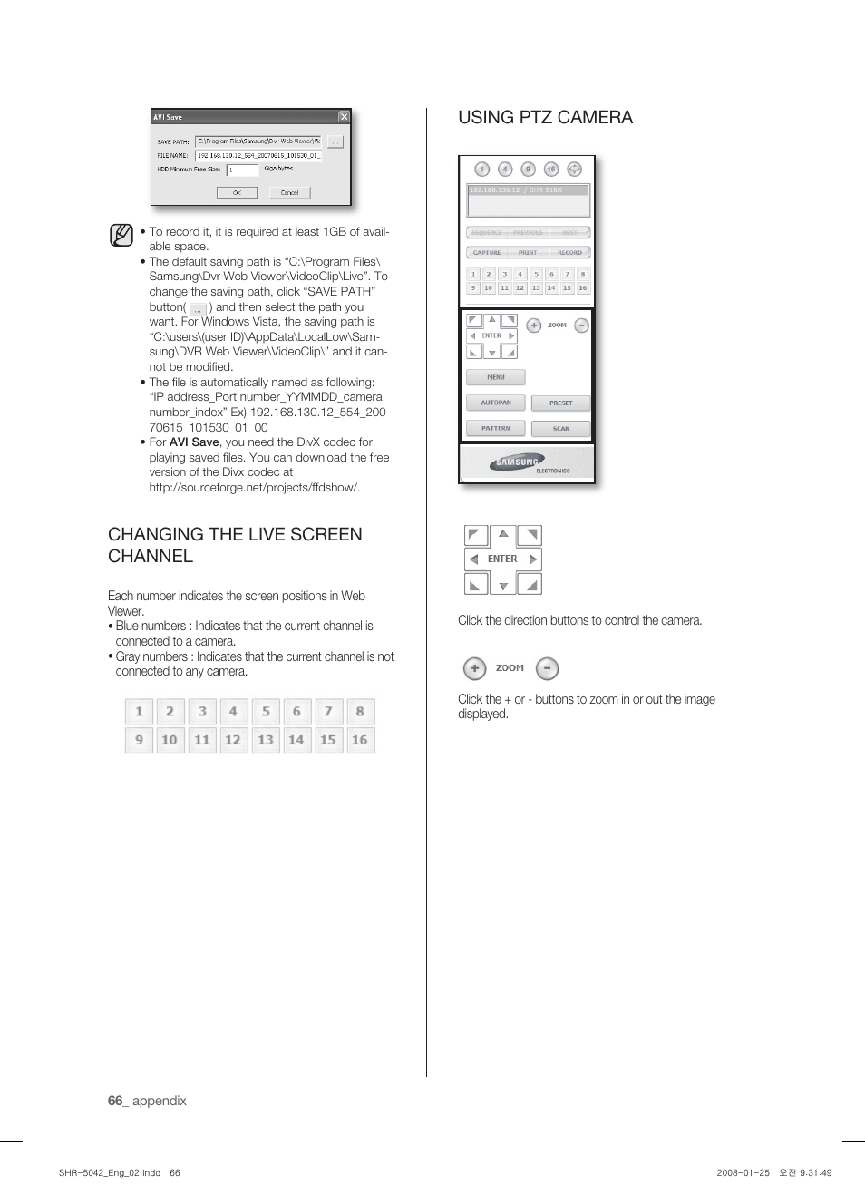 Changing the live screen channel, Using ptz camera | Samsung SHR-5040 User Manual | Page 70 / 92