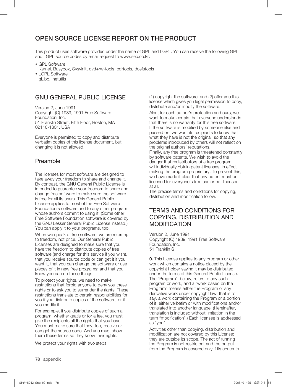 Open source license report on the product, Gnu general public license, Preamble | Samsung SHR-5040 User Manual | Page 82 / 92
