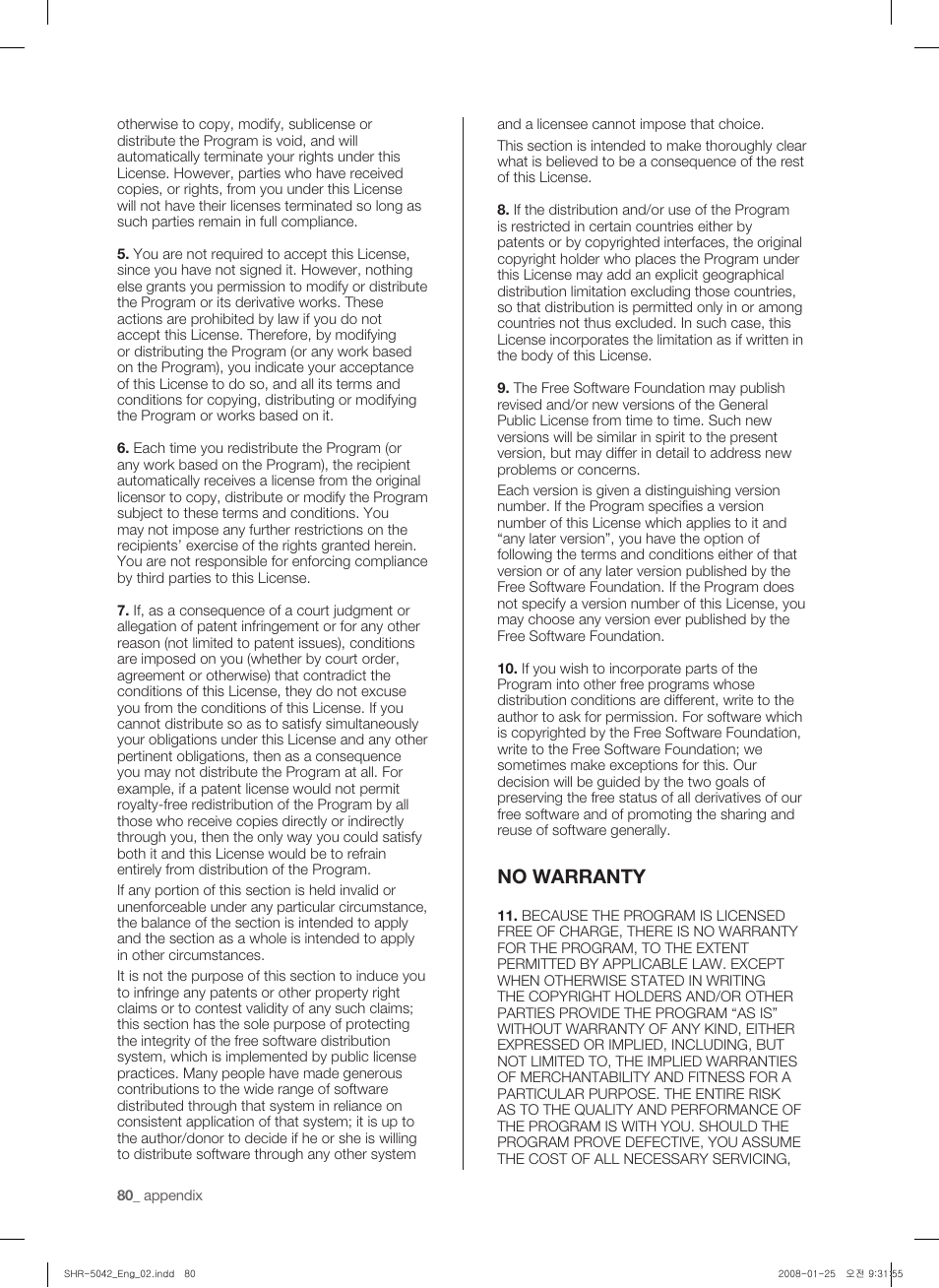 No warranty | Samsung SHR-5040 User Manual | Page 84 / 92