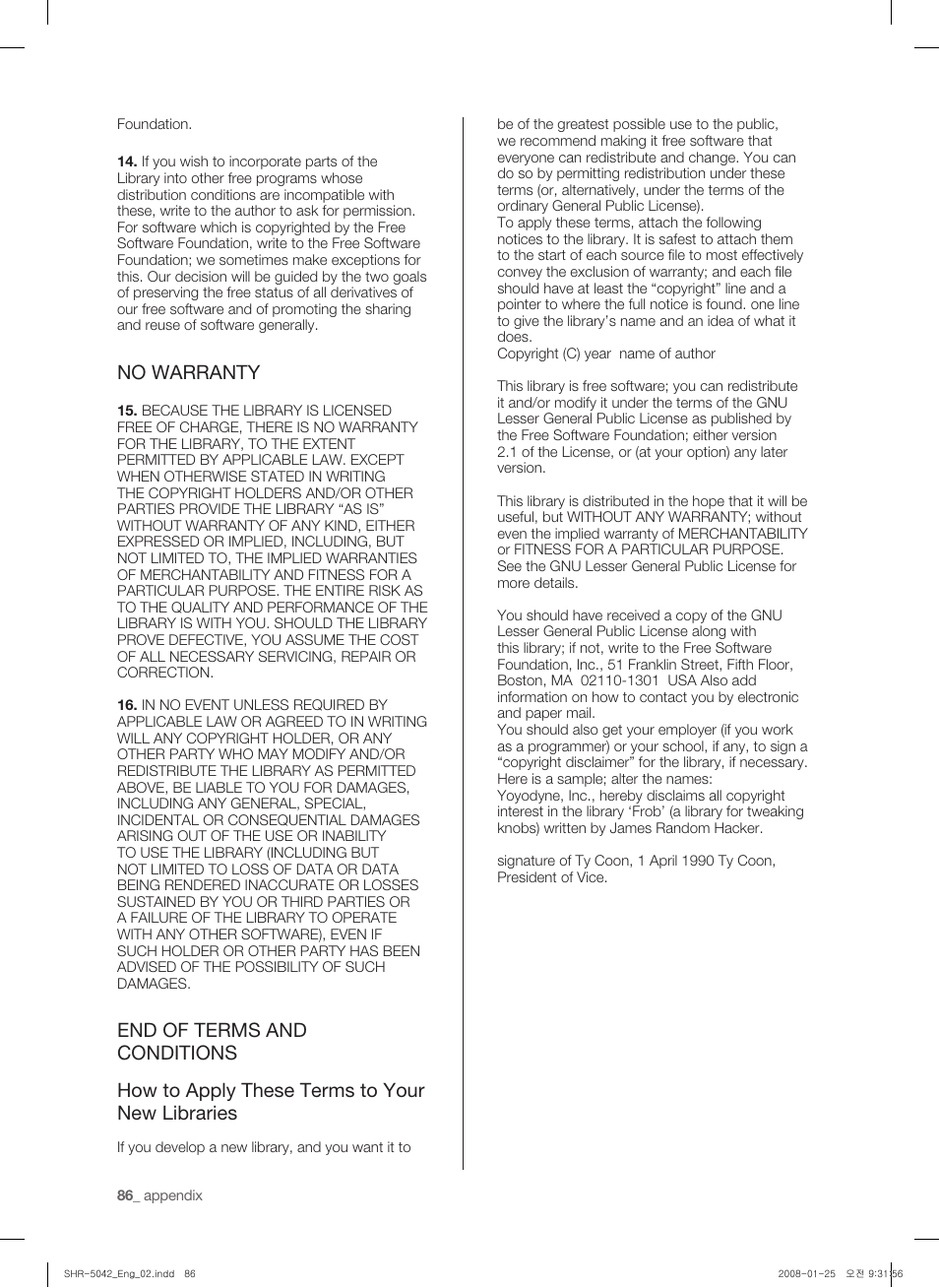 No warranty | Samsung SHR-5040 User Manual | Page 90 / 92