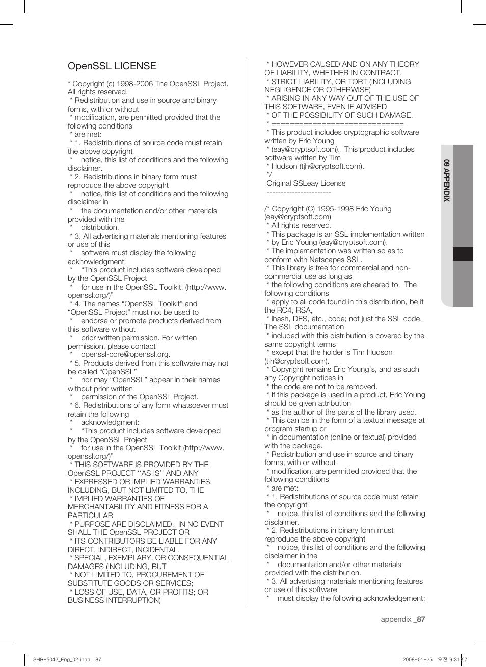 Openssl license | Samsung SHR-5040 User Manual | Page 91 / 92