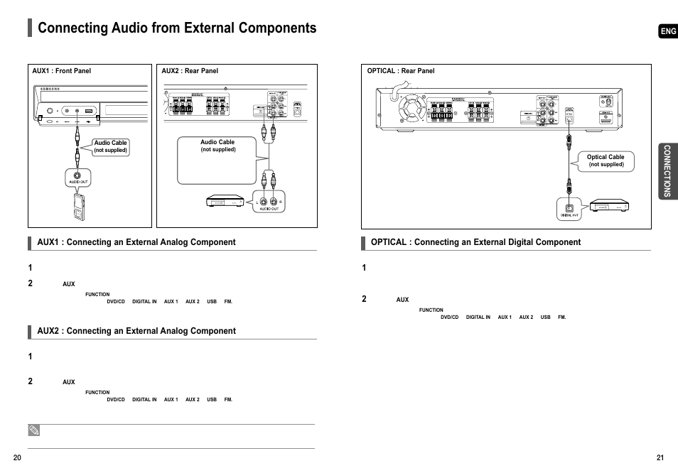 Connecting audio from external components | Samsung HT-X50  EN User Manual | Page 11 / 35