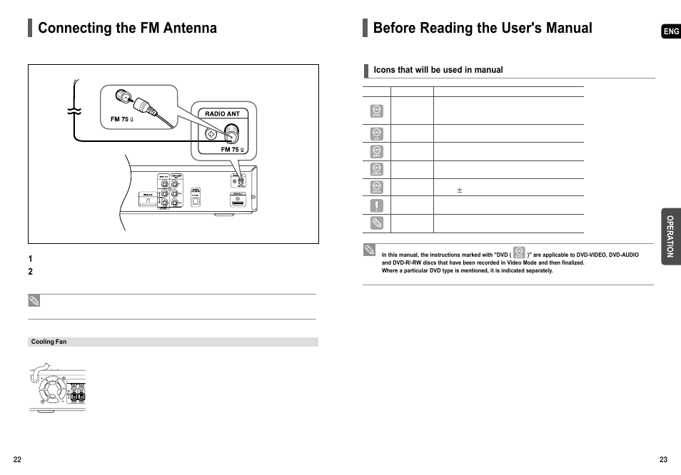 Preparation, Connecting the fm antenna, Operation | Before reading the user's manual, Icons that will be used in manual | Samsung HT-X50  EN User Manual | Page 12 / 35