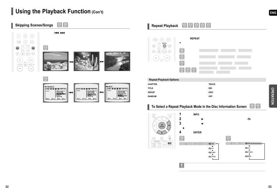 Using the playback function, Con’t), Skipping scenes/songs | Repeat playback, Eng opera tion | Samsung HT-X50  EN User Manual | Page 17 / 35