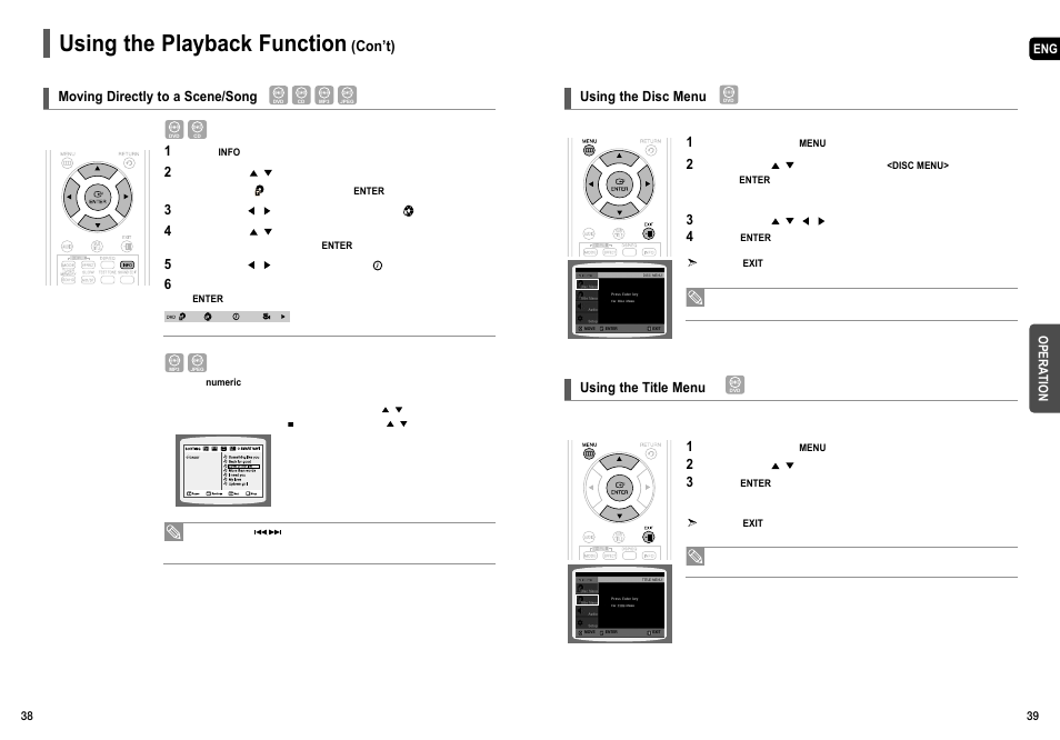 Using the playback function, Con’t), Using the disc menu using the title menu | Moving directly to a scene/song | Samsung HT-X50  EN User Manual | Page 20 / 35