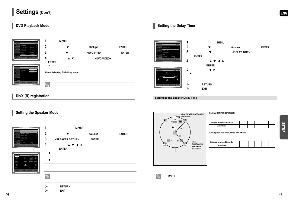 Dvd playback mode, Setting the speaker mode, Setting the delay time | Settings, Con’t), Divx (r) registration | Samsung HT-X50  EN User Manual | Page 24 / 35