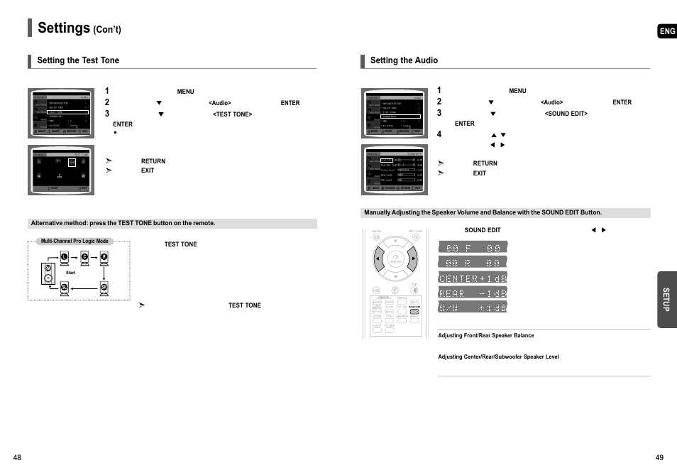 Setting the test tone, Setting the audio, Settings | Con’t) | Samsung HT-X50  EN User Manual | Page 25 / 35