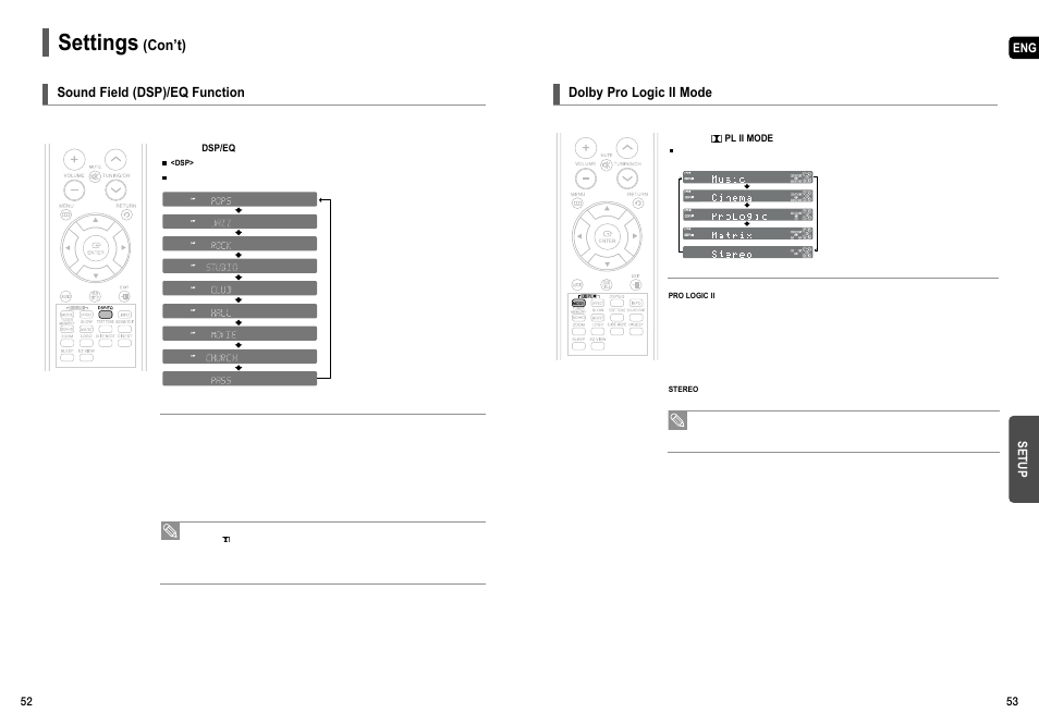 Dolby pro logic ii mode, Settings, Con’t) | Sound field (dsp)/eq function | Samsung HT-X50  EN User Manual | Page 27 / 35