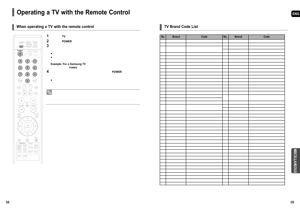 Operating a tv with the remote control, Tv brand code list, When operating a tv with the remote control | Miscellaneous | Samsung HT-X50  EN User Manual | Page 30 / 35